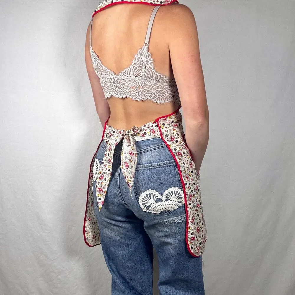 Vintage 1950s Sweetheart Bib Apron Paisley Floral Heart Pocket Red Trim MCM